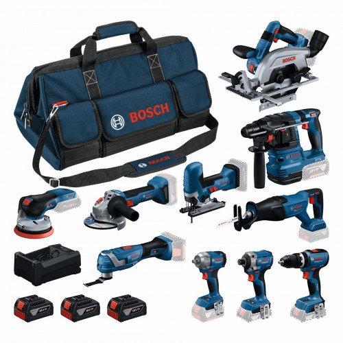 BOSCH 10dielna sada 18V náradia GSB+GBH+GWS+GDR+GKS+GSA+GOP+GST+GDS+GEX+3x5,0Ah 0615A500EH