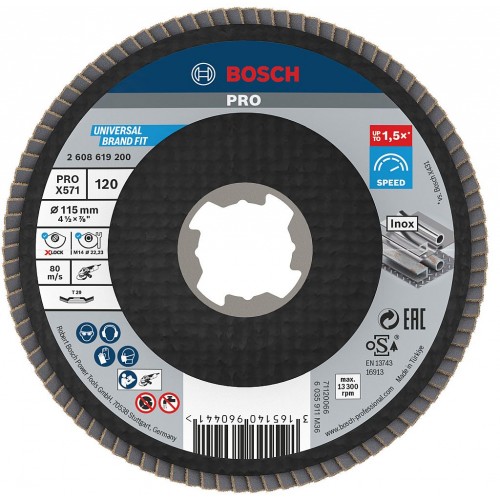 BOSCH Lamelový brúsny kotúč PRO X571, zalomený, 115 mm, G120, X-Lock 2608619200