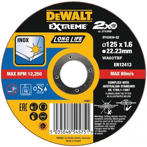DeWALT DT43936 Rezný kotúč Extreme na antikorovú oceľ, 125×22,2×1,6mm, Typ 1 DeWALT DT43936 Rezný kotúč Extreme na antikorovú oceľ, 125×22,2×1,6mm, Typ 1