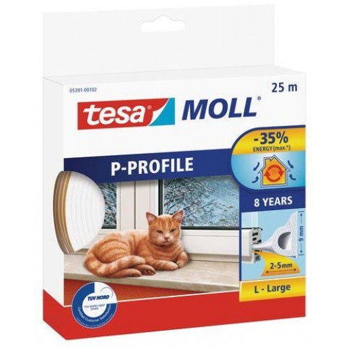 TESA MOLL Gumové tesnenie, biele, na okná a dvere, P profil, 25m 05391-00102-00