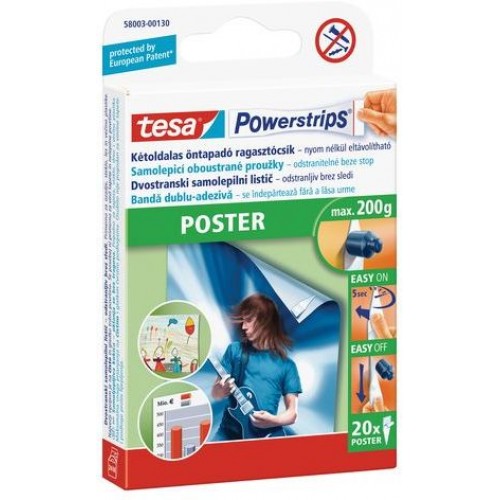 TESA Powerstrips Poster, obojstranné prúžky na plagáty, biele, nosnosť 200g 58003