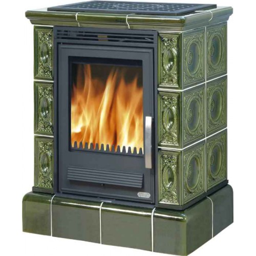 ABX Helvetia K kachľová pec na drevo s kombi vložkou (liatina/plech), kachľ. sokel, zelená