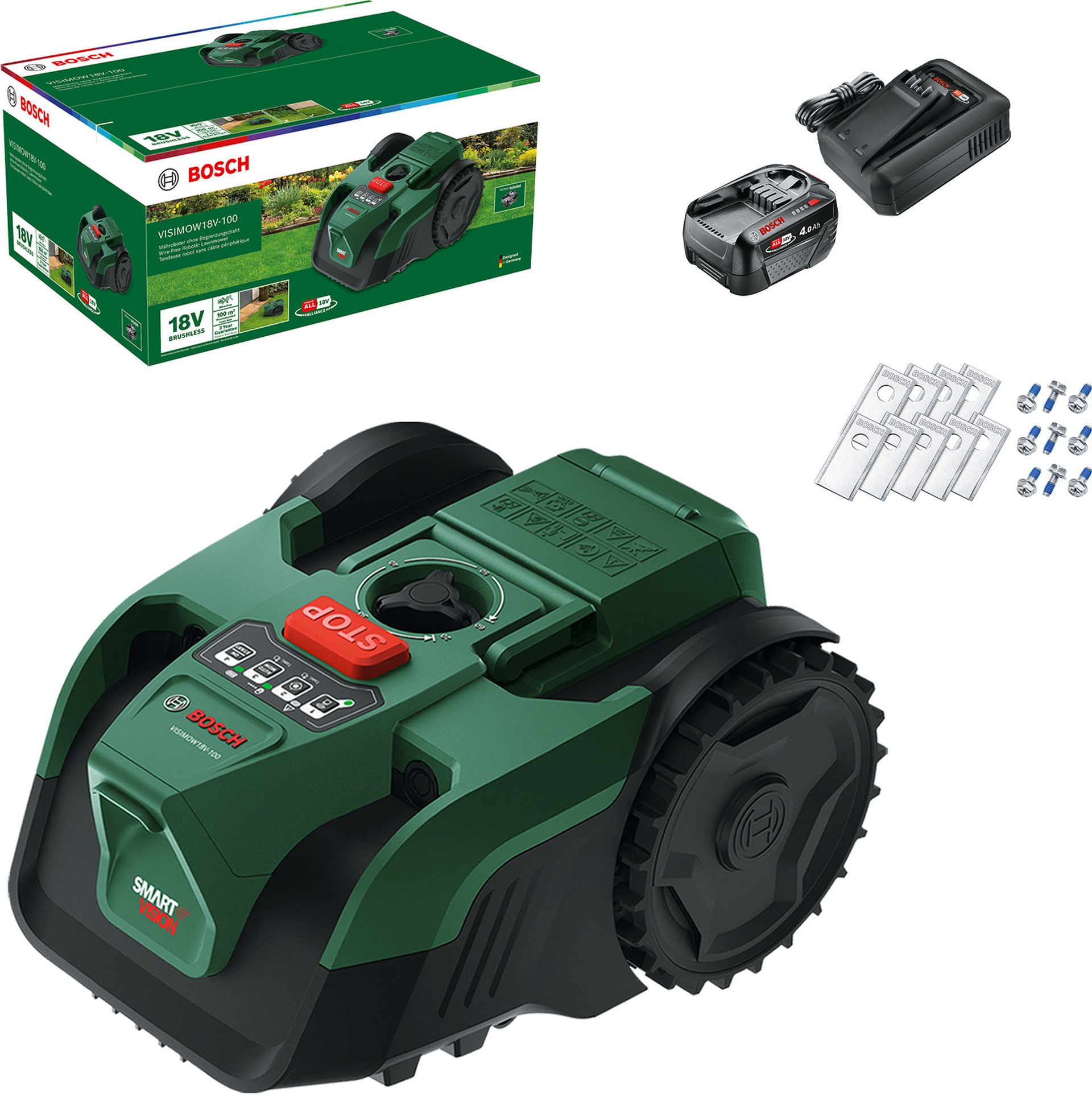 BOSCH VISIMOW18V-100 Aku robotická kosačka na trávu, 1x 4,0Ah, náhradné nože 06008E1002