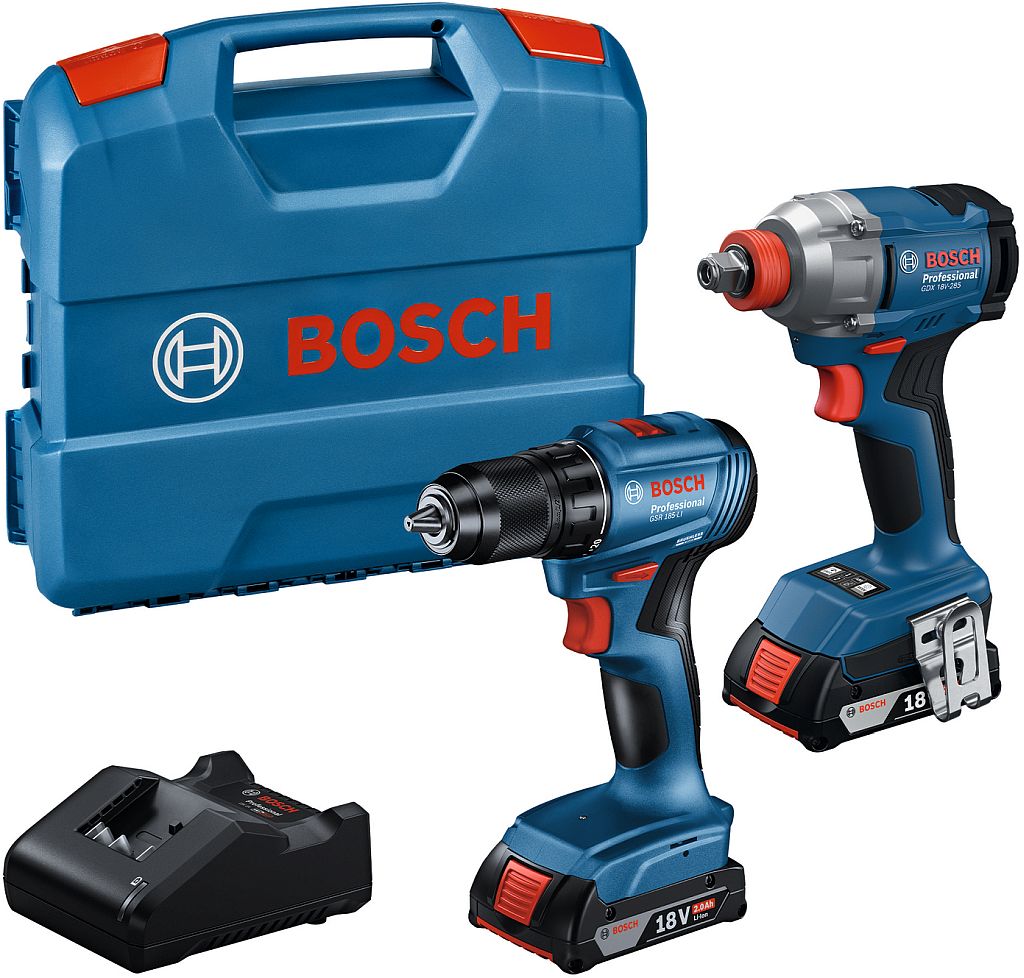 BOSCH GDX 18V-285 + GSR 185-LI + 2× 2,0 Ah + GAL 18V-20 +kufor PROFESSIONAL 06019N2123