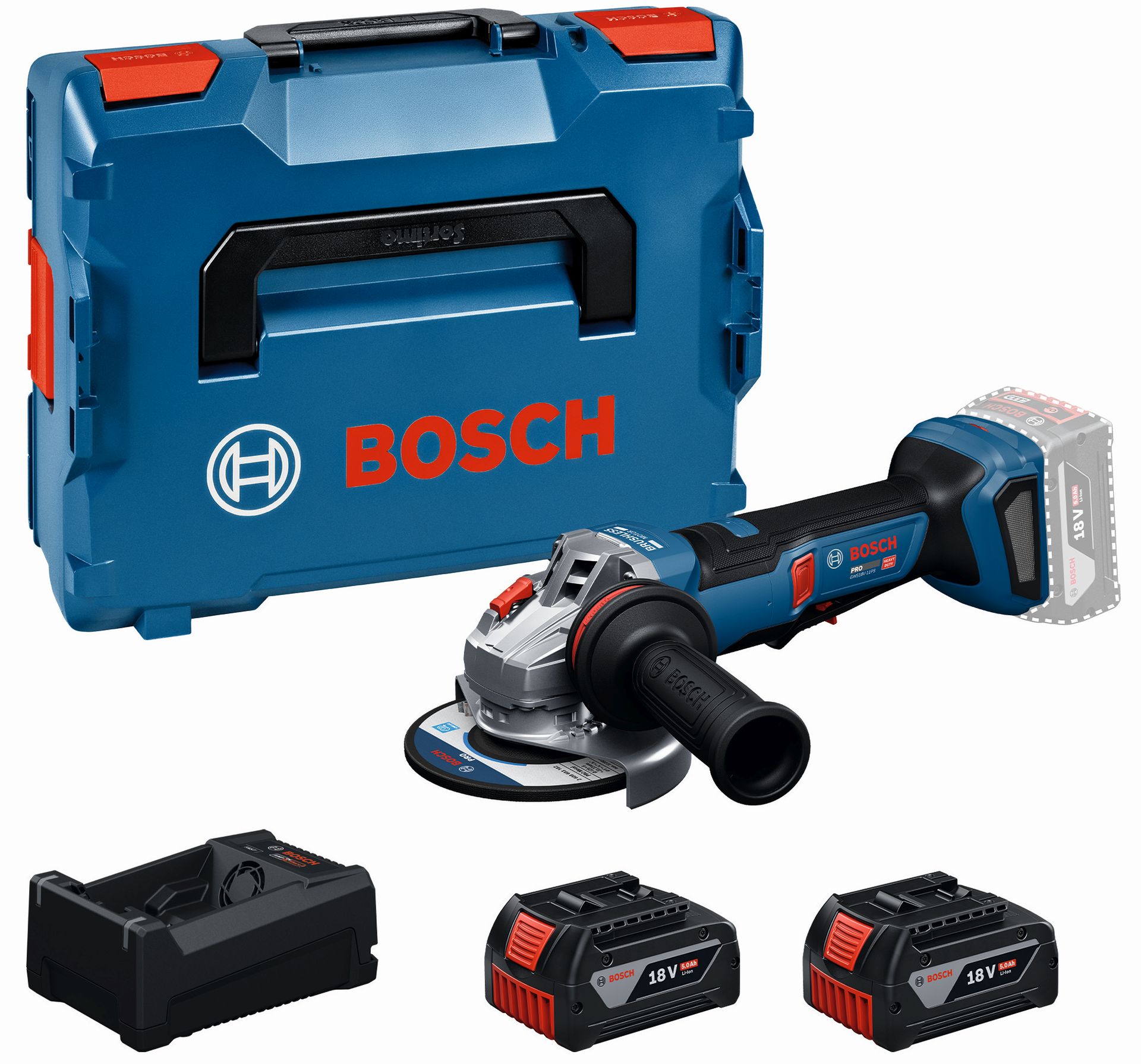 BOSCH GWS18V-11PS PROFESSIONAL uhlová brúska, 2× 5,0 Ah, L-BOXX 06019N4302