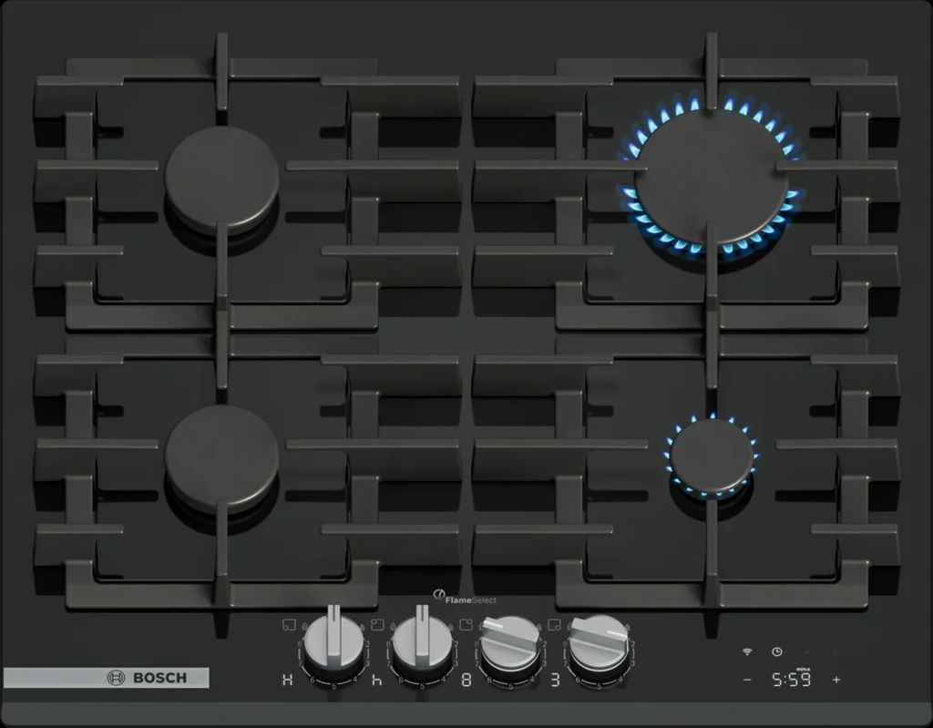 Bosch Séria 8 Plynová varná doska 60 cm tvrdené sklo, čierna PRP6A6H40