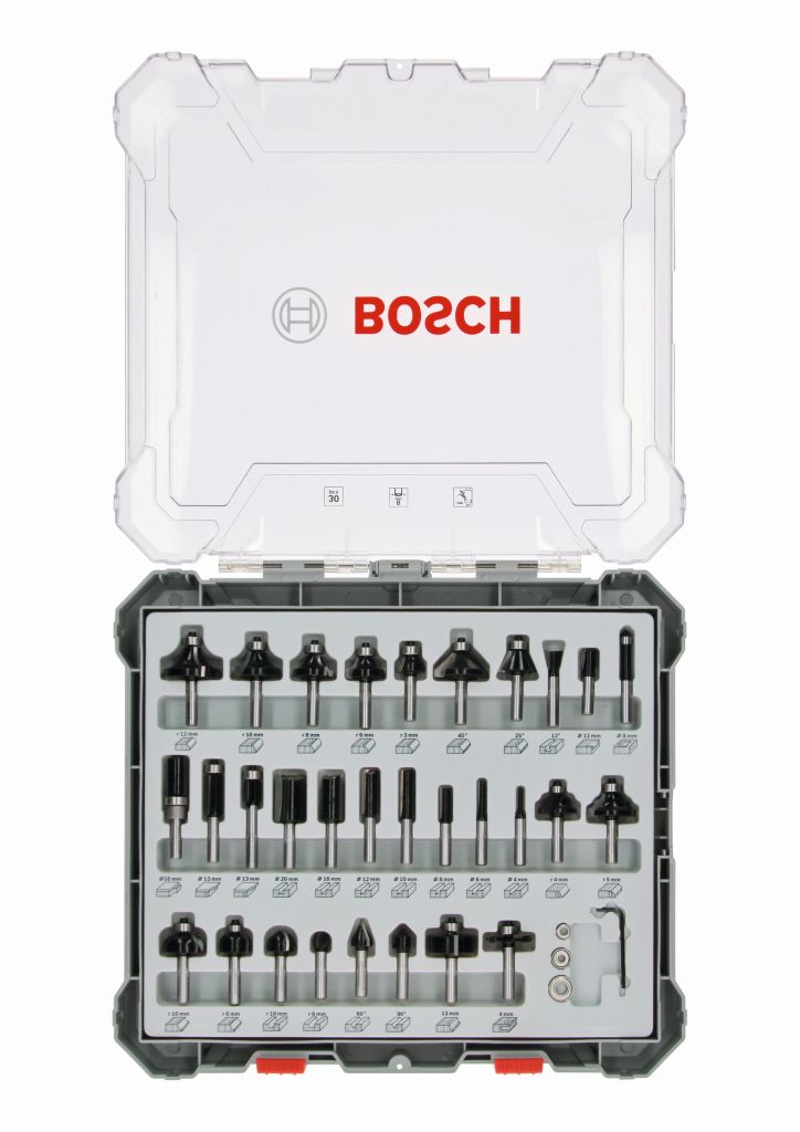 BOSCH Sada frézovacích bitov, 30 ks, zmiešané, 8 mm driek 2607017475
