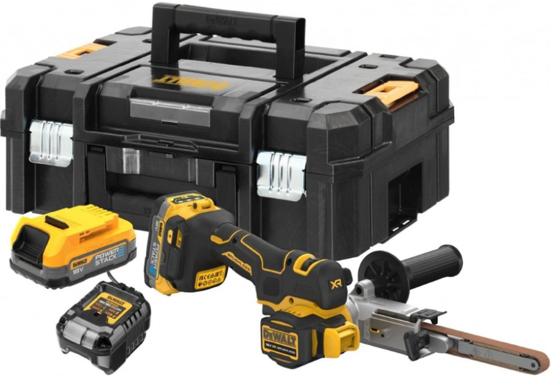 DeWALT DCM200E2T Aku pásový pilník XR (18V/2x1,7Ah PowerStack) Tstak