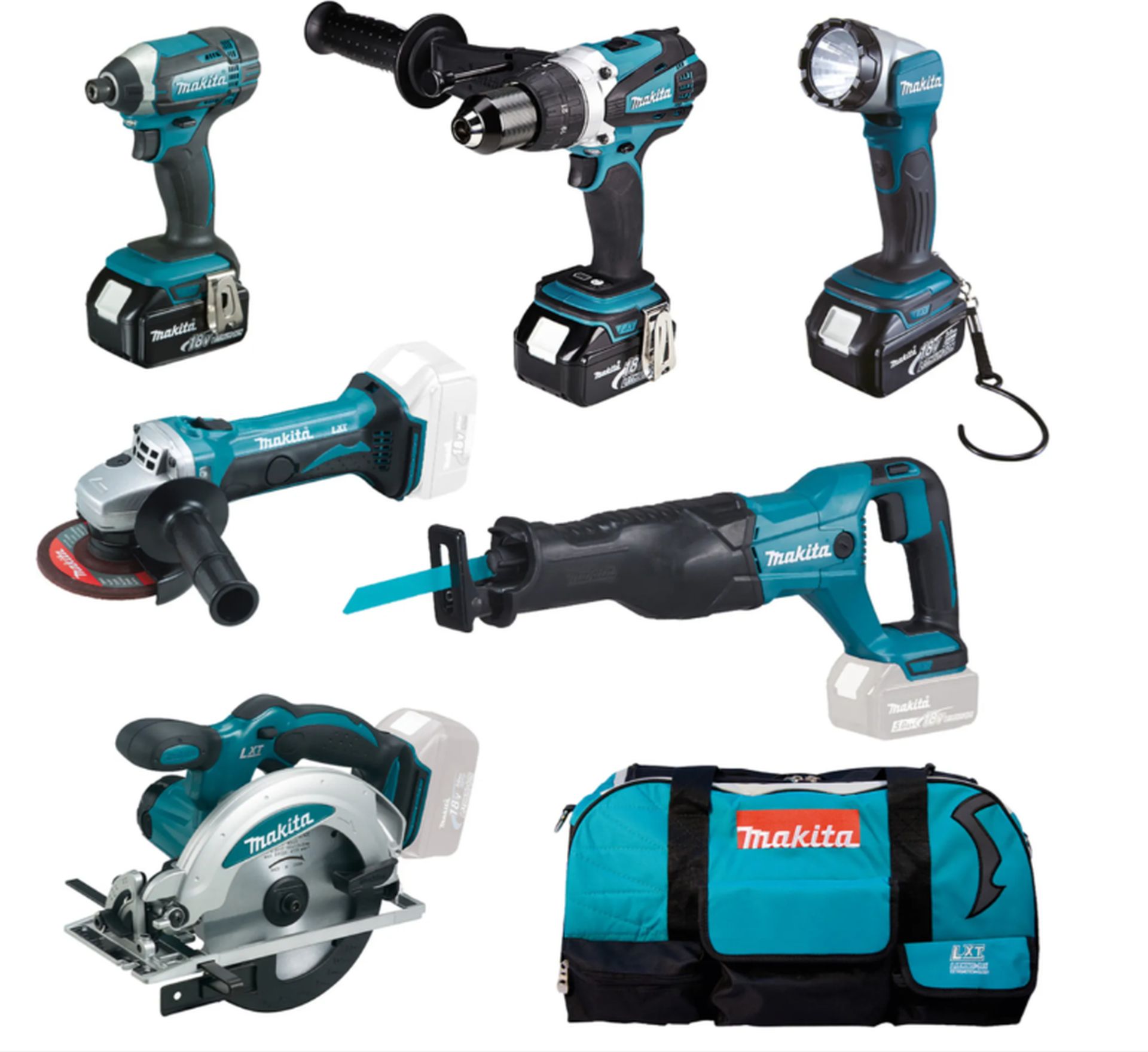 Makita DLX6046 Aku set DGA452Z+DHP458Z+DJR186Z+DML802+DSS610Z+DTD152Z+195584-2+3xBL1830B